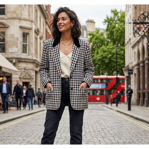Requirements Jackets & Blazers - Vintage Requirements Wool Blend Plaid Velvet Trim Blazer Jacket Size 12